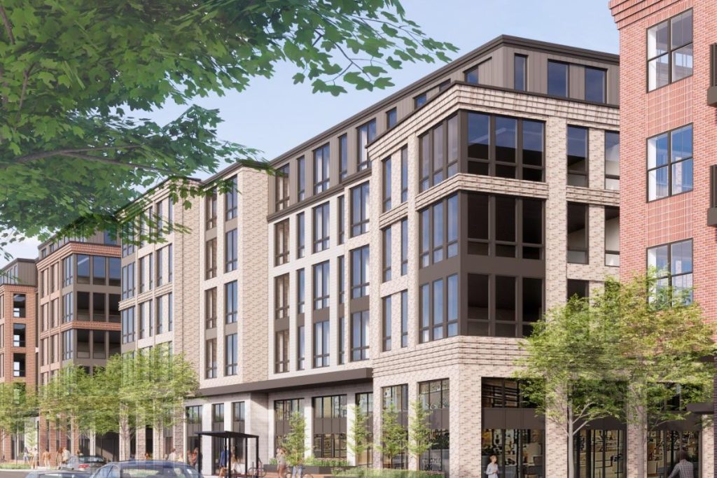 Rendering of a light colored mixed use building with retail on the ground floor and offices or residents above