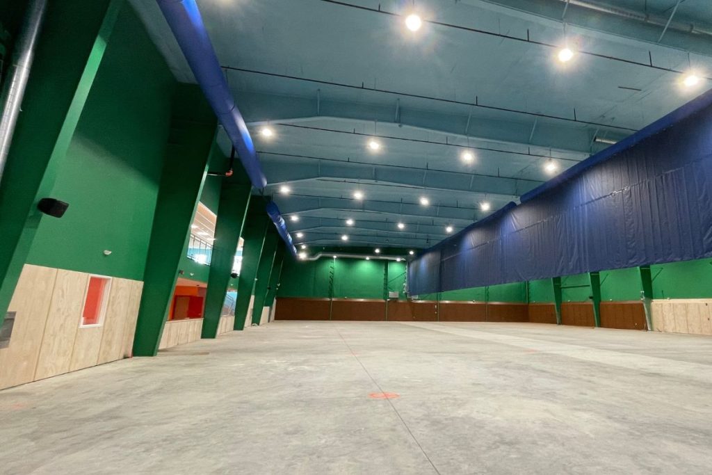 Interior of the badminton courts at a Westborough Sports Facility during construction