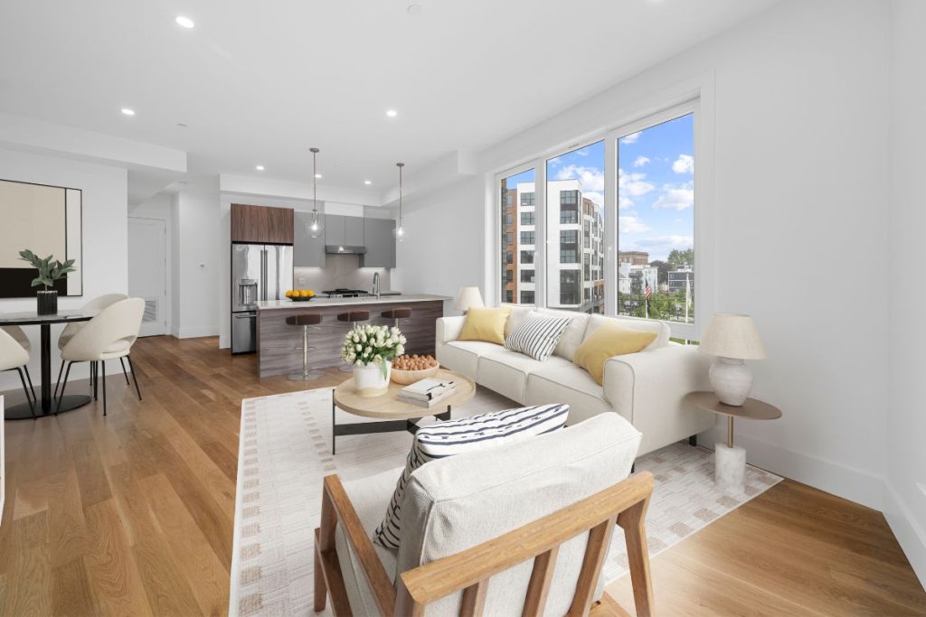 Open plan interior kitchen and living room in a South Boston Condo