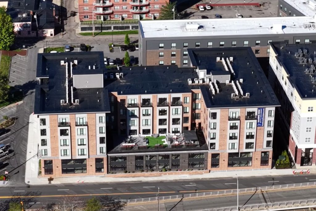 Arial view of large luxury residential complex in Quincy MA