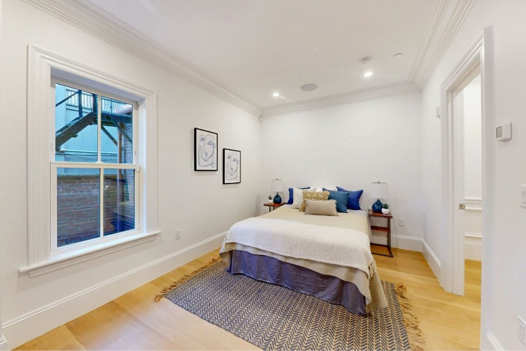 Updated modern bedroom in a renovated Beacon Hill Townhouse