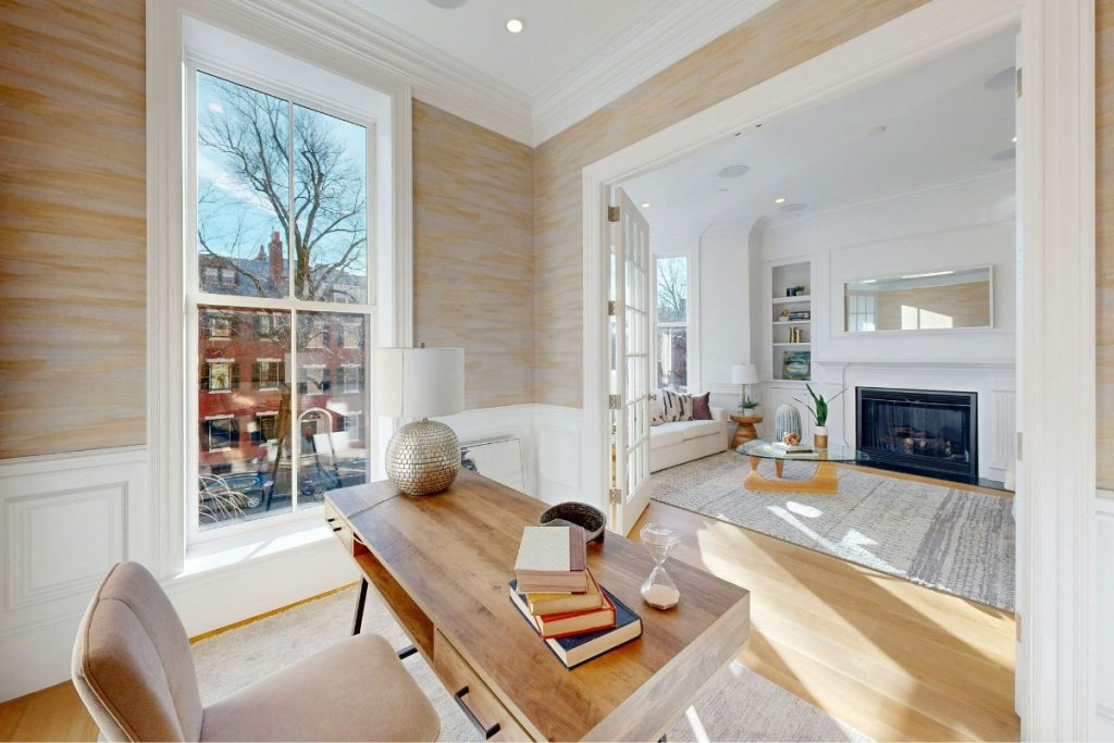Historic home renovation in Beacon hill with newly decorated living room