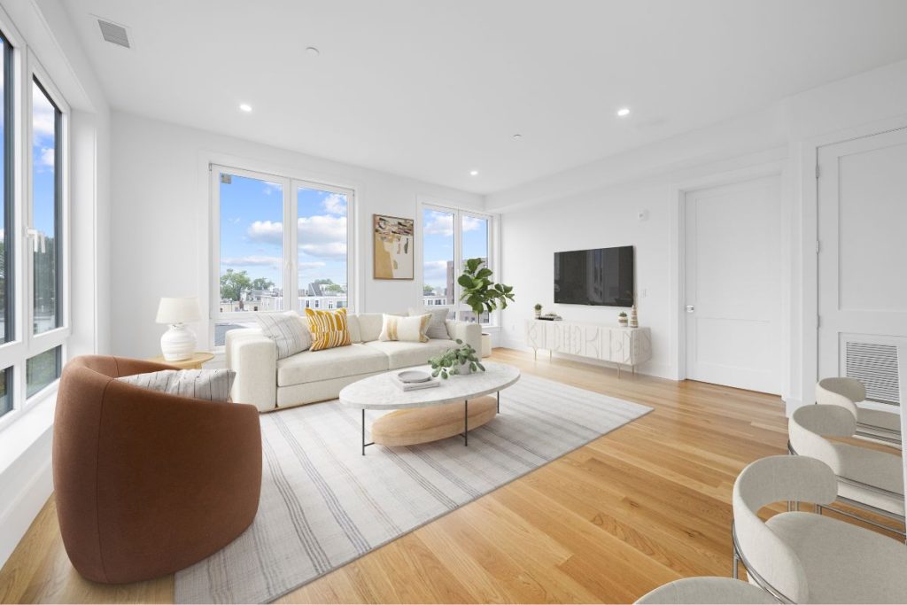 Interior of light filled living room in residential development in South Boston, MA