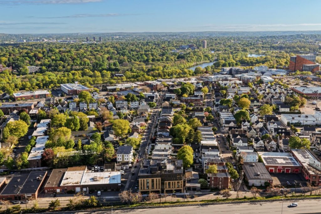 Arial view of impressive condo building in Brighton MA