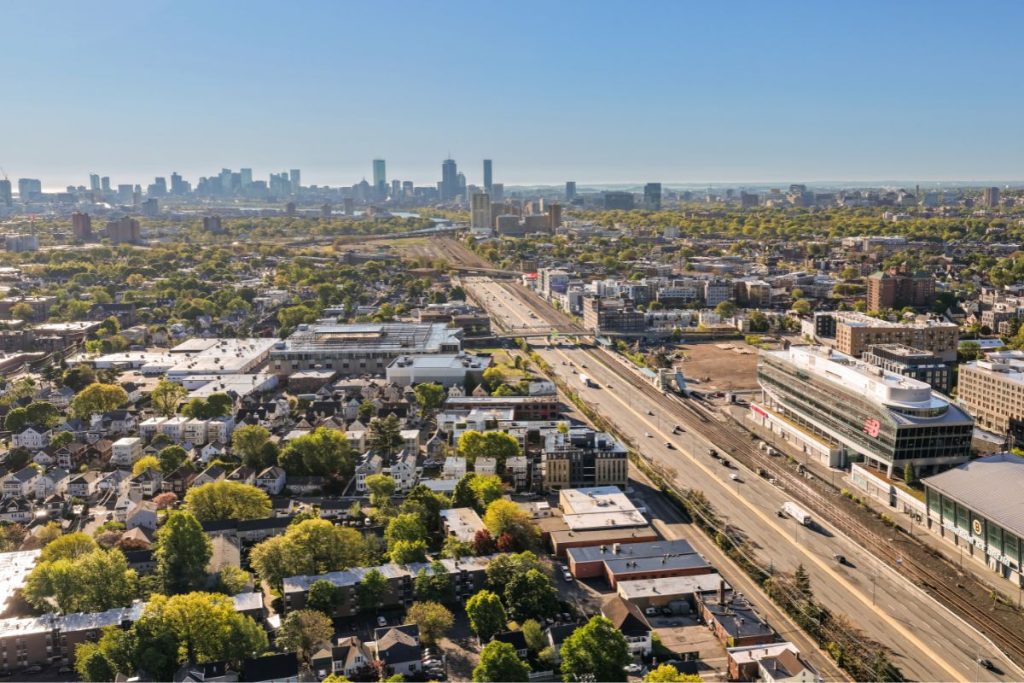 Arial view of Boston looking east on the Mass Pike