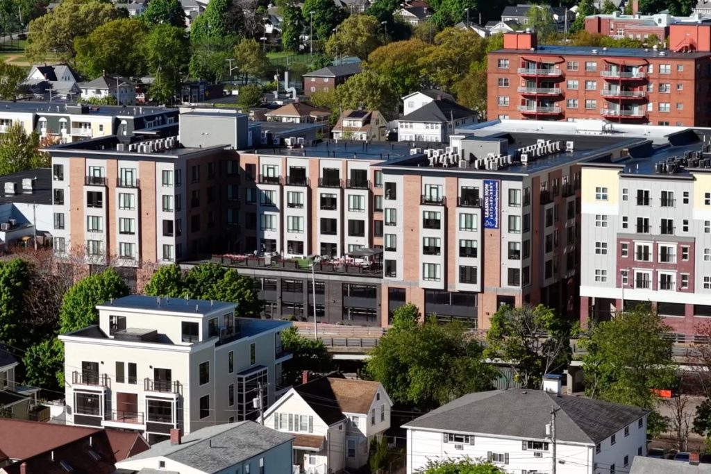Arial view of luxury condo building in Quincy Ma