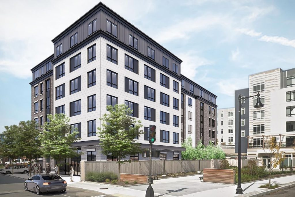 Rendering of mixed use building in South Boston MA with white exterior and black framed windows