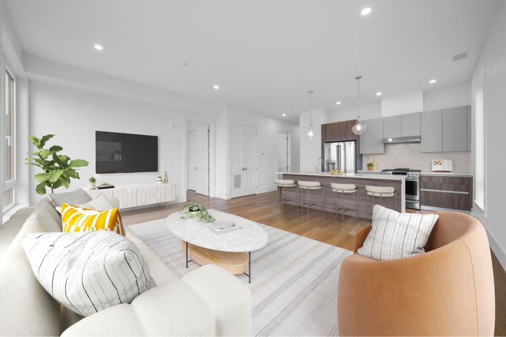 Interior design of South Boston apartment with open plan kitchen and living room