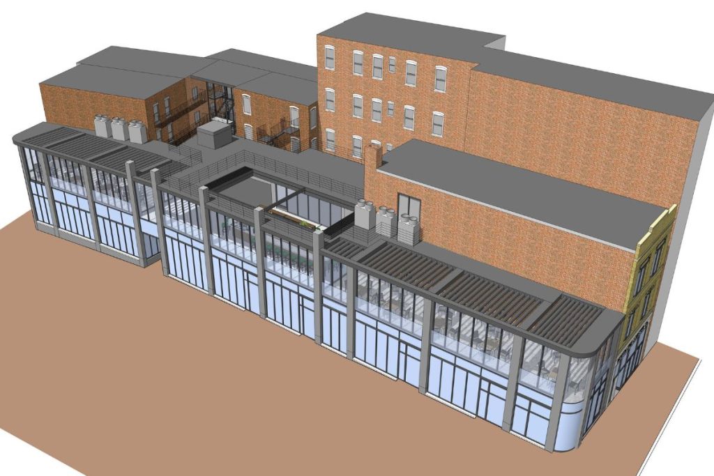 Arial architectural rendering of a mixed-use project including cafe and bars and restaurants in the North End of Boston.