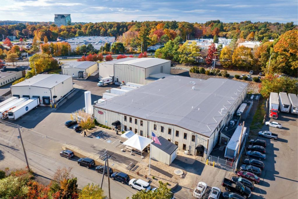Drone image of industrial food manufacturing facility in Danvers showing shipping docks and main building