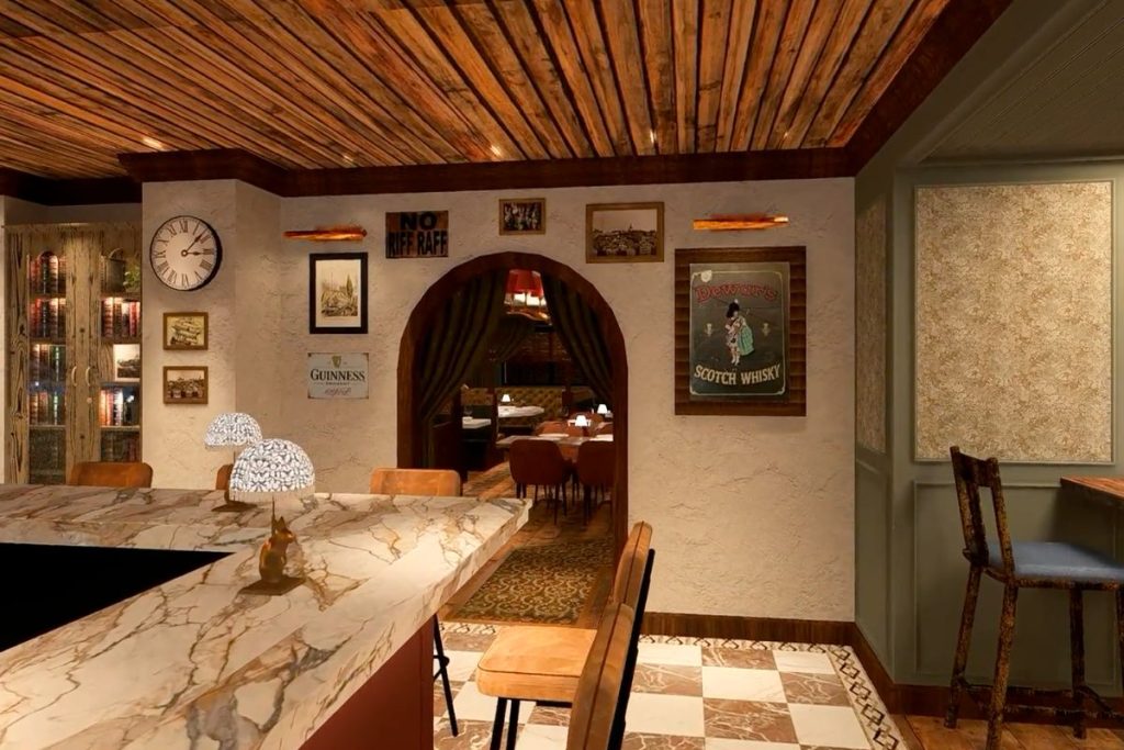 Rendering of a restaurant interior, bar, and dining area in Boston, MA