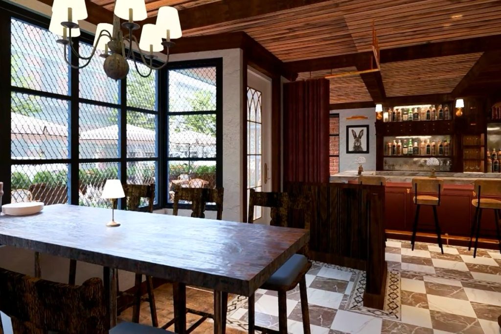 English style pub in Boston, architectural rendering of a restaurant interior in Boston, MA