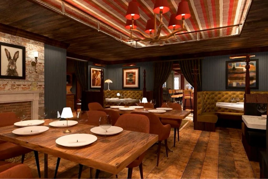 Architectural rendering of a the interior dining and lounge area of restaurant in Boston, MA