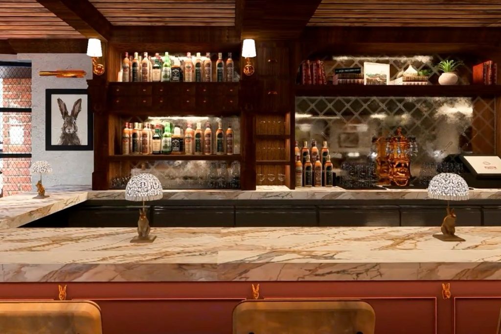 Architectural rendering of a bar counter in an English pub in Boston, MA