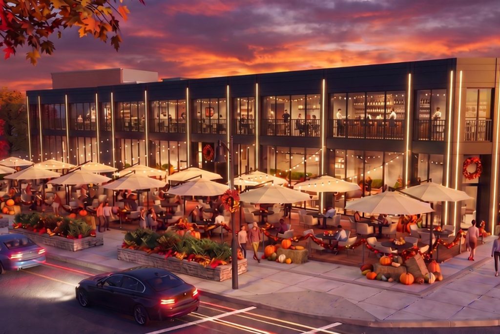 Fall rendering of the 60 Cross Street restaurant in Boston’s North End, with pumpkins and seasonal decor