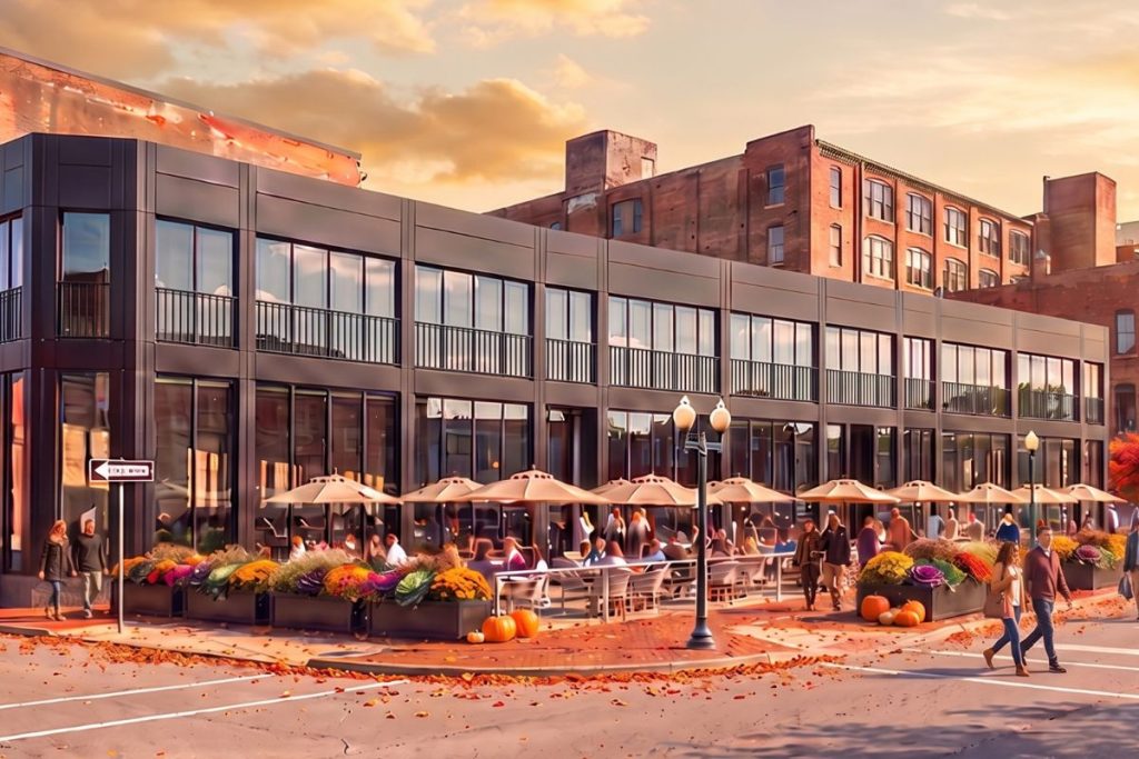 Autumn rendering of 60 Cross Street outdoor dining in Boston