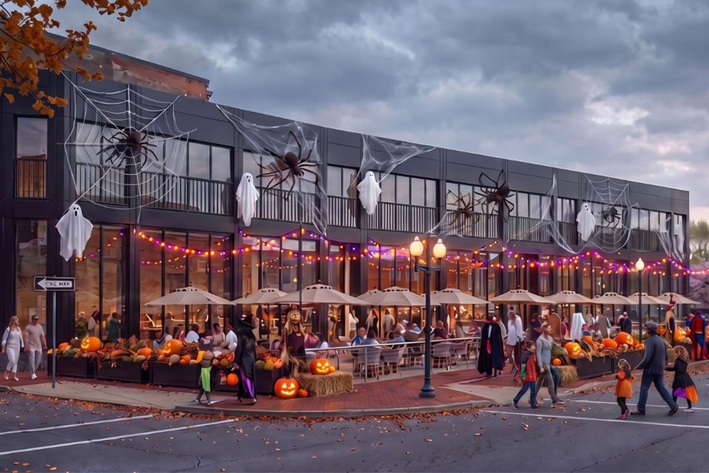 Nighttime Halloween rendering of the 60 Cross Street restaurant in Boston