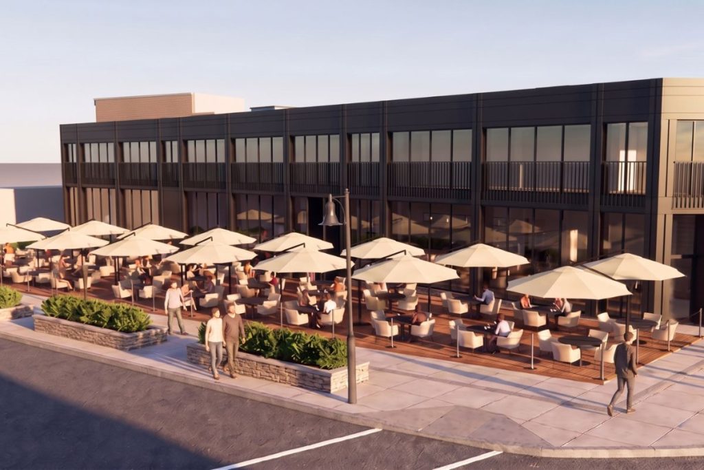 Spring lunch rendering of the 60 Cross Street restaurant facade in Boston