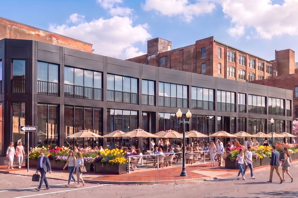 Spring rendering of 60 Cross Street with patio dining in Boston’s North End