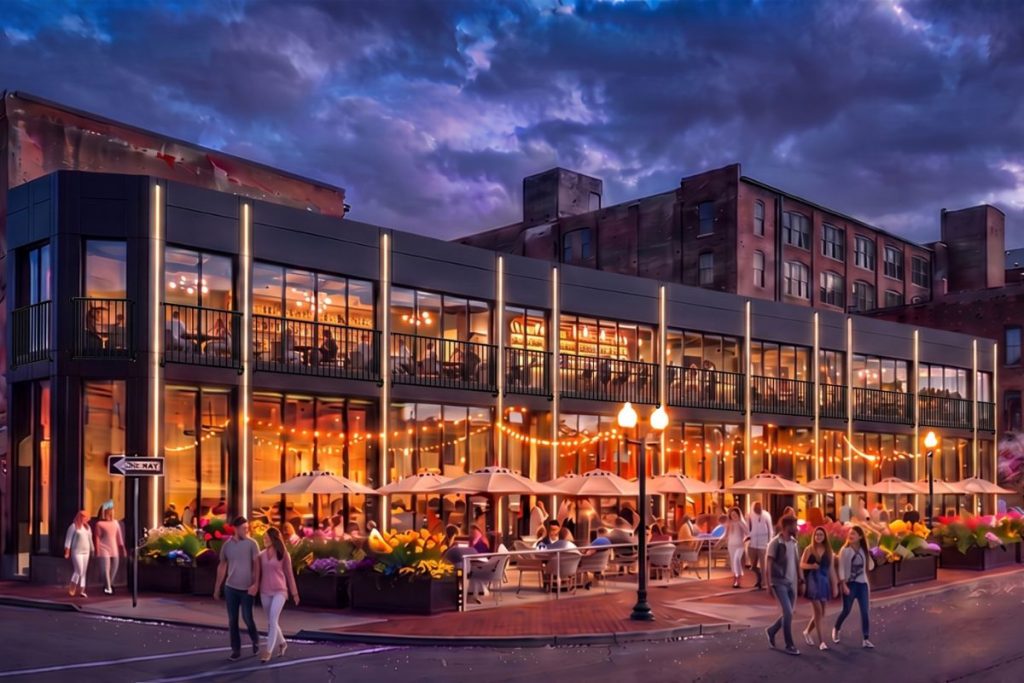 Spring evening rendering of the 60 Cross Street restaurant facade in Boston
