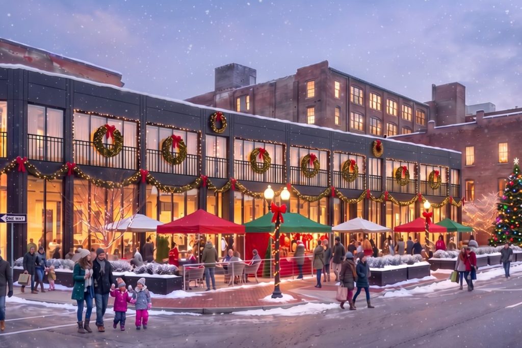 Christmas rendering of the 60 Cross Street restaurant in Boston’s North End, with wreaths, garland and a lit tree