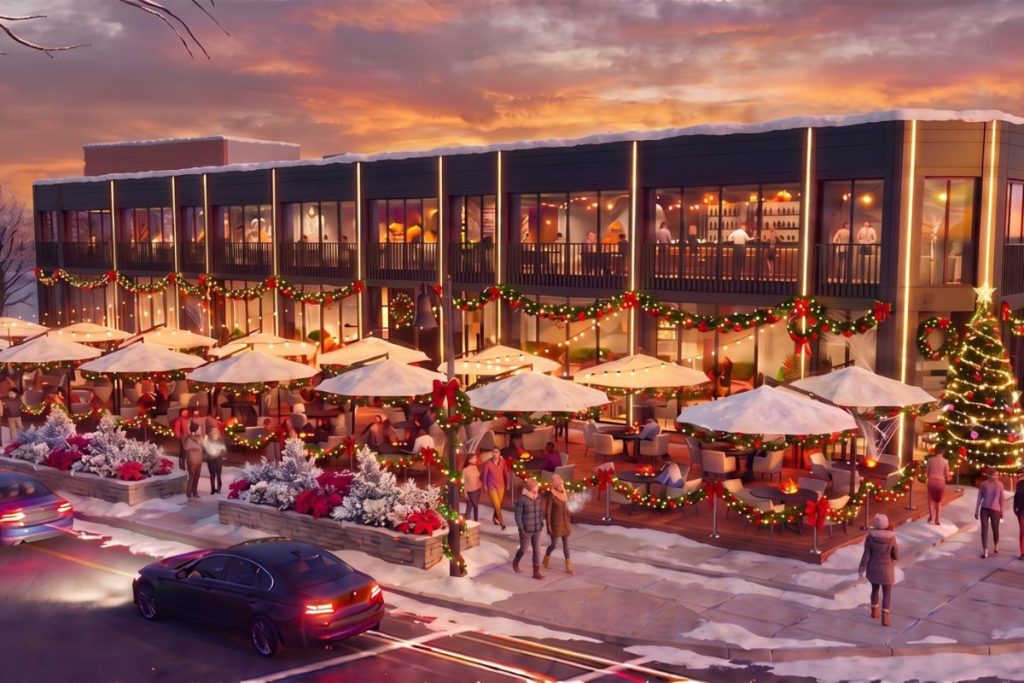 Holiday rendering of 60 Cross Street in the North End, with outdoor dining under white umbrellas in the snow